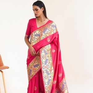 JHEAPS STRAWBERRY PINK FLORAL PAITHANI SILK SAREE